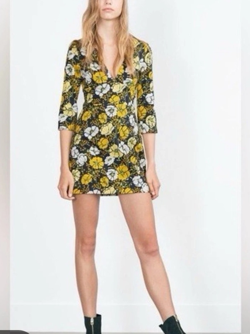 Zara Trafaluc Navy Dress with Yellow Floral Print